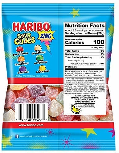 Haribo Bag Zing Sour Cubes Gummi Candy Exotic Flavors, 3.6 oz