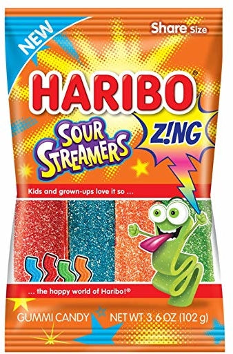 Haribo Gummi Candy Zing Sour Streamer, 3.6 oz