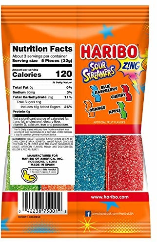 Haribo Gummi Candy Zing Sour Streamer, 3.6 oz