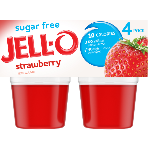 Jell-O Strawberry Sugar Free Jello Cups Gelatin Snack, 4-Pack , 4 ct