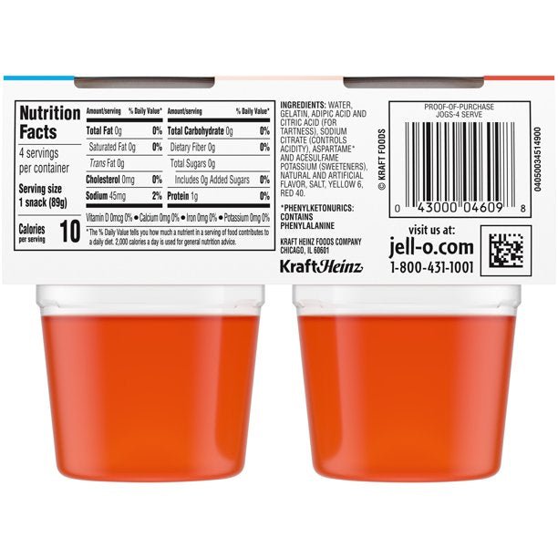 Jell-O Orange Sugar Free Jello Cups Gelatin Snack, 4-Pack , 4 ct