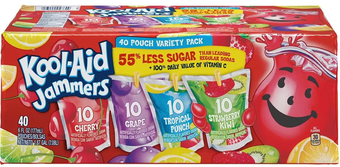 Kool-Aid Jammers Drink, Tropical Punch/Grape/Cherry, Variety Pack - 40 pack, 6 fl oz pouches