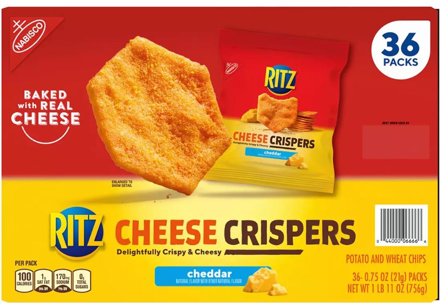 Nabisco Ritz Cheese Cheddar Crispers Chips, Value Pack, 36 x 0.75 oz