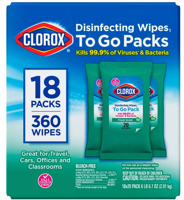 Clorox Disinfecting Wipes To Go Bleach Free Cleaning Wipes, 18-Pack
