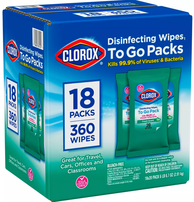 Clorox Disinfecting Wipes To Go Bleach Free Cleaning Wipes, 18-Pack