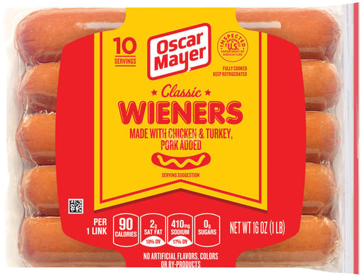 Oscar Mayer Classic Wieners, Chicken & Turkey, Pork Added, 16 oz (10 pcs)
