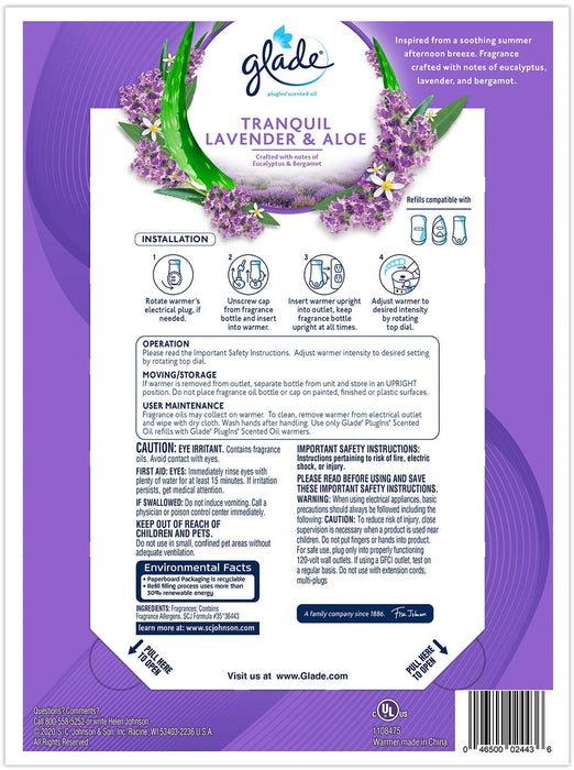 Glade PlugIns Scented Oil Refills (6 ct) + Warmer, Tranquil Lavender & Aloe, 7 pcs