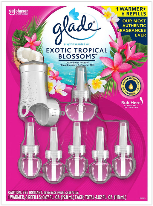 Glade PlugIns Scented Oil Refills (6 ct) + Warmer, Exotic Tropical Blossoms, 7 pcs