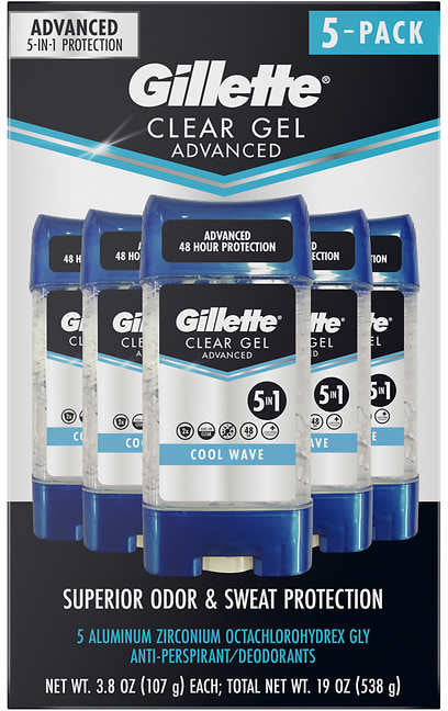 Gillette Clear Gel Advanced Antiperspirant Deodorants, 5-Pack, 5 x 3.8 oz