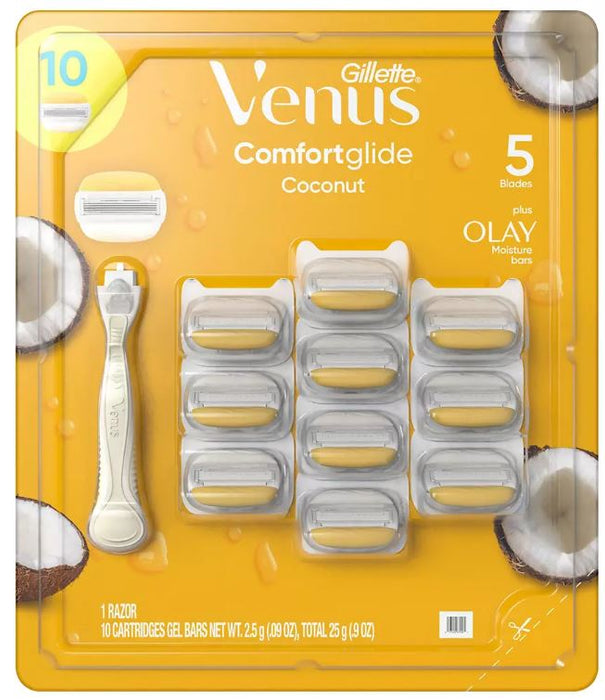 Gillette Venus ComfortGlide Plus Olay Coconut Women's Razor, 1 Razor + 10 Cartridges , 11 ct