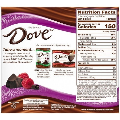 Dove Raspberry Sorbet Bars with Dark Chocolate, 6 ct