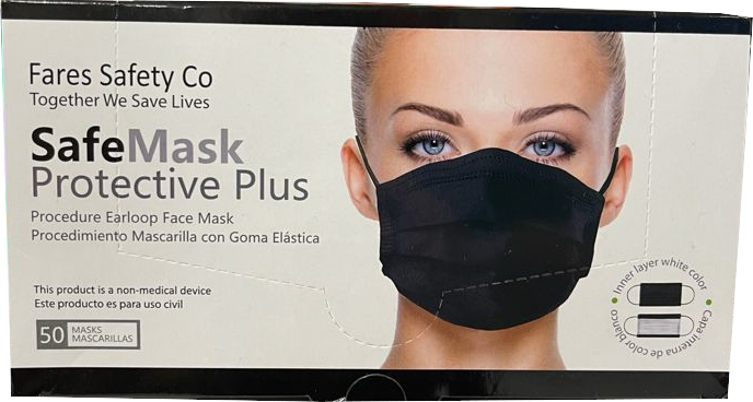 Fares Safety Co 3-Layer Disposable Black Face Mask, 50 ct