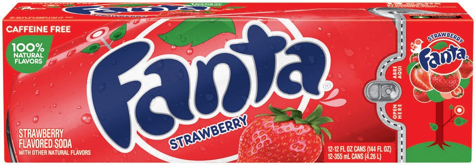 Fanta Strawberry Flavored Soda Cans, Caffeine Free, Value Pack, 12 x 12 oz