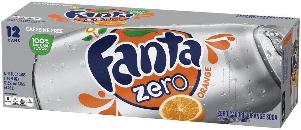 Fanta Zero Orange Flavored Soda Cans, Caffeine Free, Zero Calories, Value Pack, 12 x 12 oz