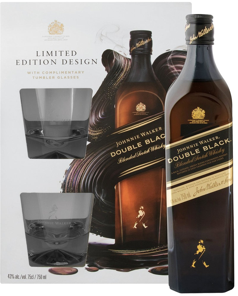 Johnnie Walker Double Black Blended Scotch Whisky Gift Set with Glasses, 43% Vol., 75 cl + 2 glasses