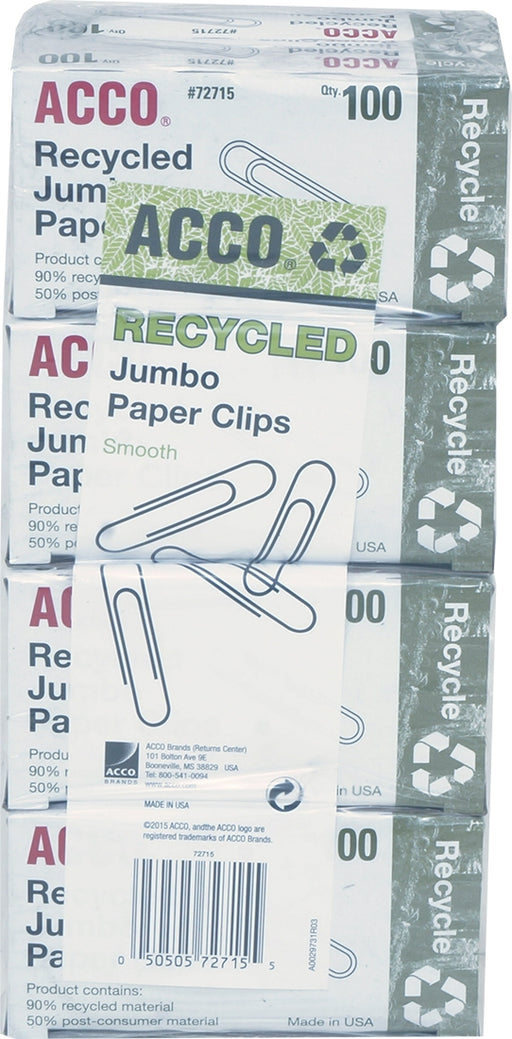 Acco Jumbo Paper Clips, Smooth Recycled, Value Pack, 8 x 100 ct