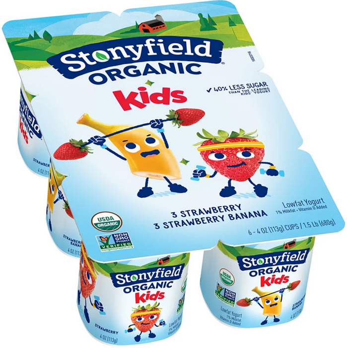 Stonyfield Organic Low-Fat Strawberry & Strawberry Banana Yogurt , 6 x 4 oz