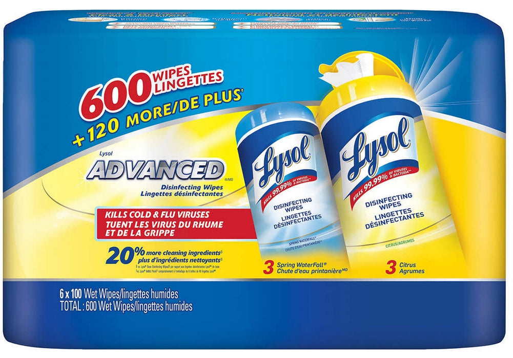 Lysol Advanced Disinfecting Wet Wipes, Value Pack, 6 x 100 ct