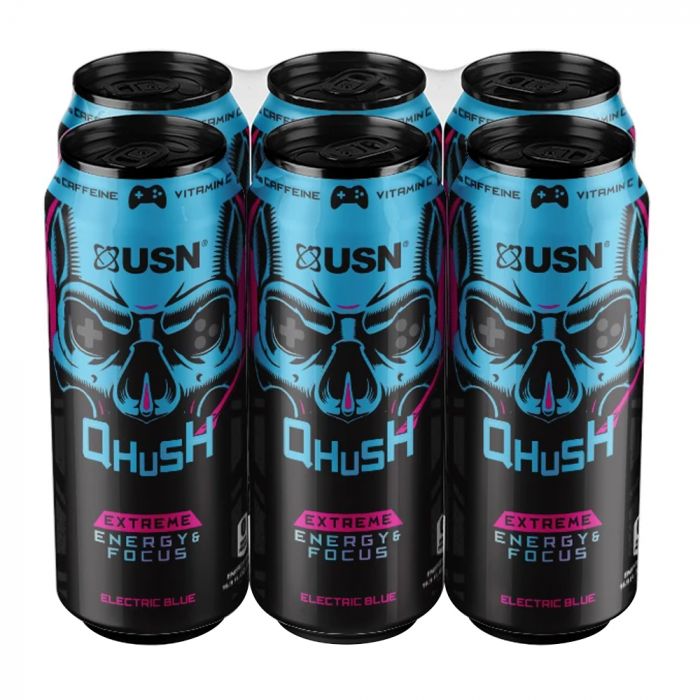 USN Qhush Extreme Energy & Focus Drink, Electric Blue Flavor, 6-Pack , 6 x 500 ml