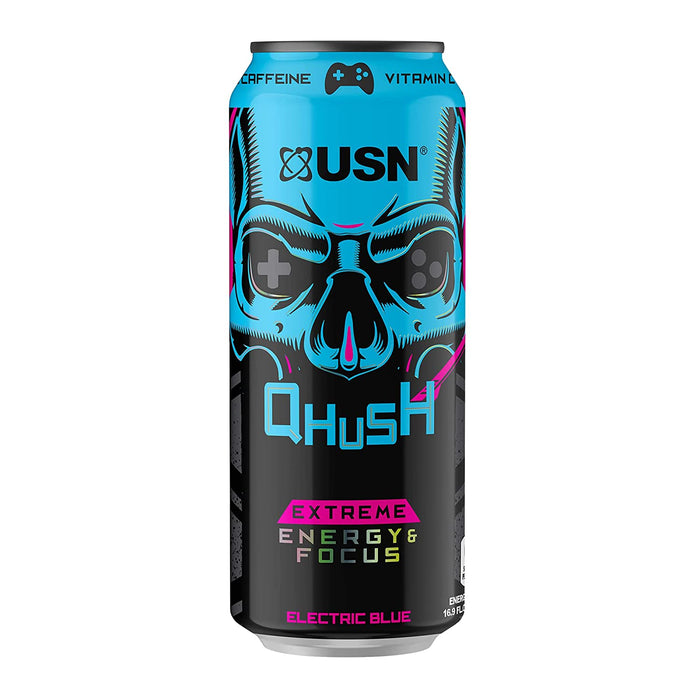 USN Qhush Extreme Energy & Focus Drink, Electric Blue Flavor, 6-Pack , 6 x 500 ml