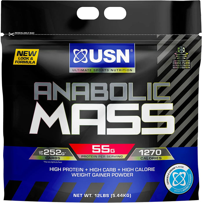 USN Anabolic Mass Weight Gainer Protein Powder, Cookies & Cream Flavor, 12 lbs