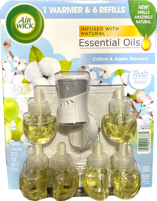 Air Wick Essential Oils Kit, Cotton & Apple Blossom Scent, 1 Warmer & 6 Refills , 7 pcs