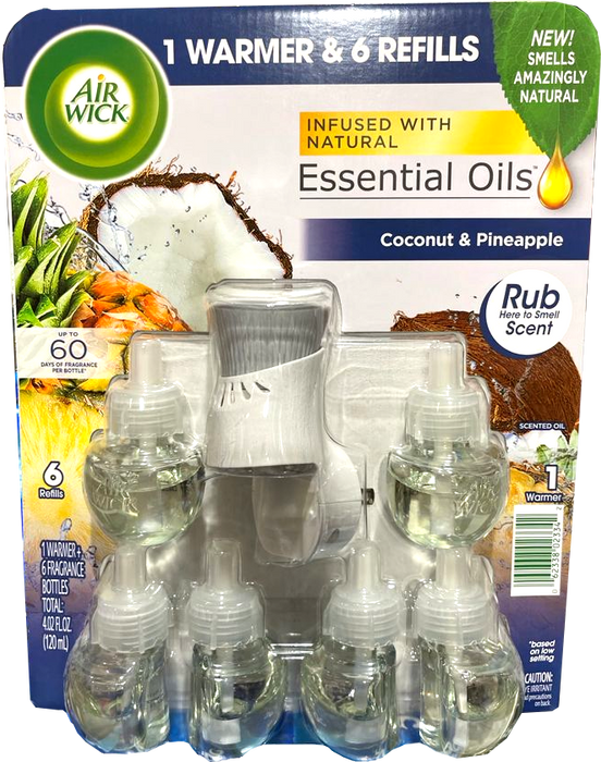 Air Wick Essential Oils Kit, Coconut & Pineapple Scent, 1 Warmer & 6 Refills , 7 pcs