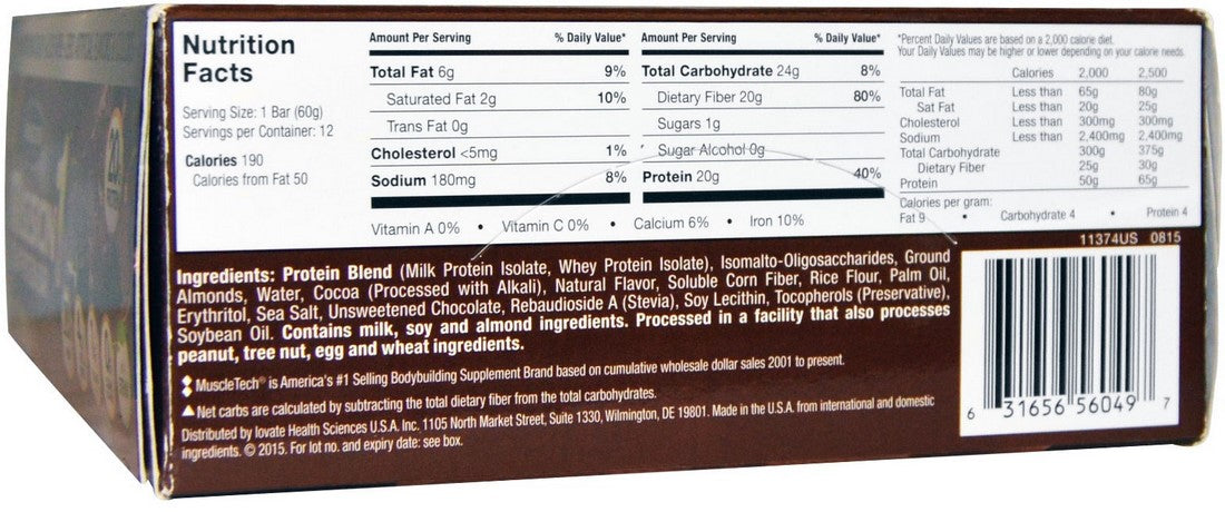 MuscleTech Mission 1 Baked  Clean Protein Bar, Chocolate Brownie, 12 x 60 gr