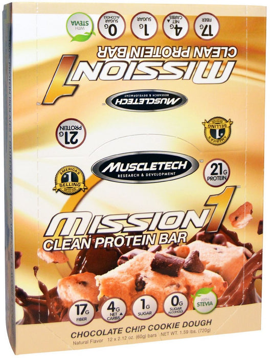 MuscleTech Mission 1 Baked  Clean Protein Bar, Chocolate Chip Cookie Dough, 12 x 60 gr