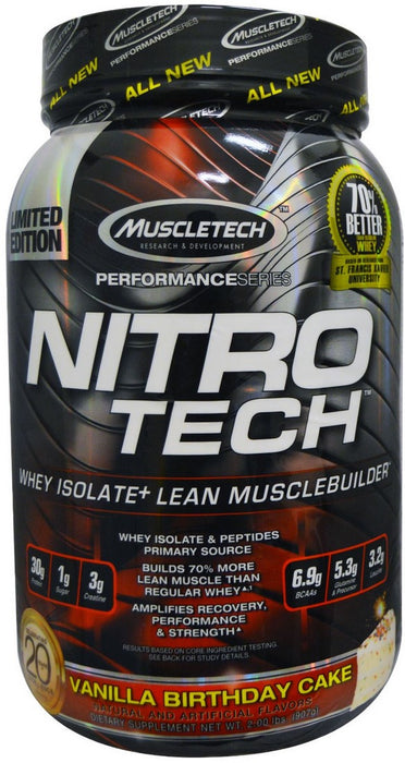 Muscletech Nitro-Tech Whey Isolate and Lean Musclebuilder, Vanilla Birthday Cake, Limited Edition, 2 lbs