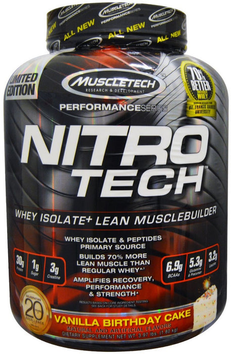 Muscletech Nitro-Tech Whey Isolate and Lean Musclebuilder, Vanilla Birthday Cake, Limited Edition, 4 lbs