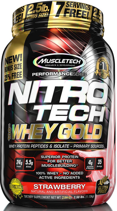 Muscletech Nitro-Tech 100% Whey Gold Protein Powder, Strawberry, 2.5 lbs