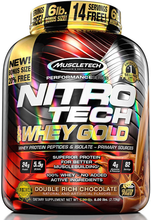 Muscletech Nitro-Tech 100% Whey Gold Protein Powder, Double Rich Chocolate, 6 lbs