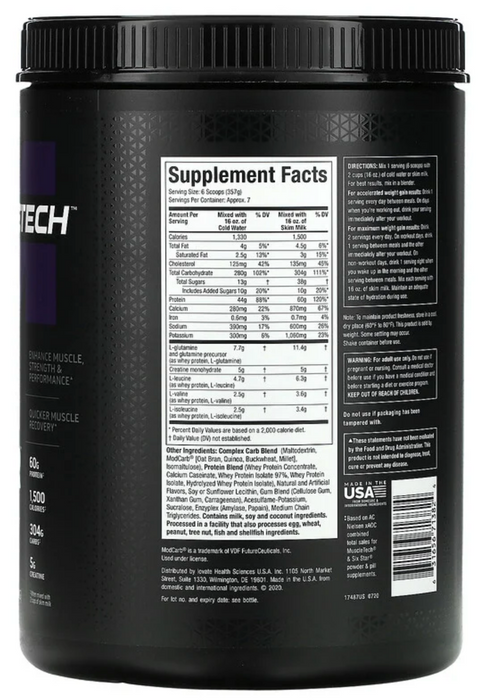 Muscletech 100% Mass Gainer Protein Powder, Vanilla Milkshake Flavor , 5.15 lbs