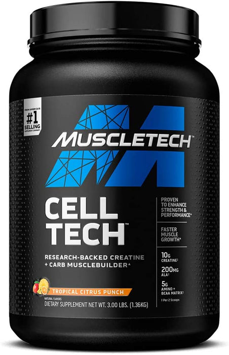 Muscletech Cell Tech Creatine Monohydrate Powder + Carbohydrate Mass Gainer, Tropical Citrus Punch Flavor, 3 lbs