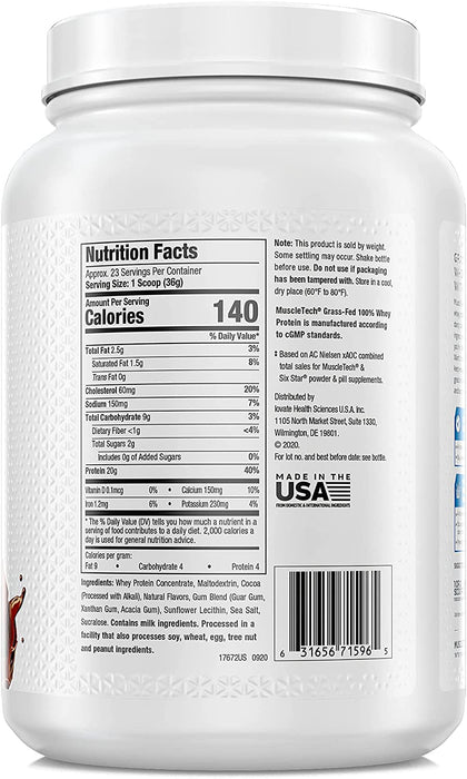 Muscletech 100% Grass-Fed Whey Protein, Triple Chocolate Flavor, 1.8 lbs