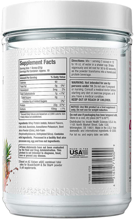 Muscletech Iso Whey Clear Potrein Isolate Powder, Pink Tropical Punch Flavor, 1.12 lbs