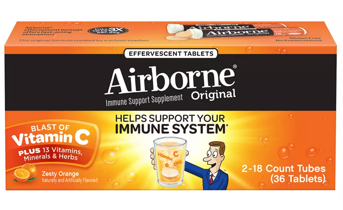 Airborne Immune Support Supplement Effervescent Tablets, Orange Flavor, 2-Pack , 2 x 18 ct