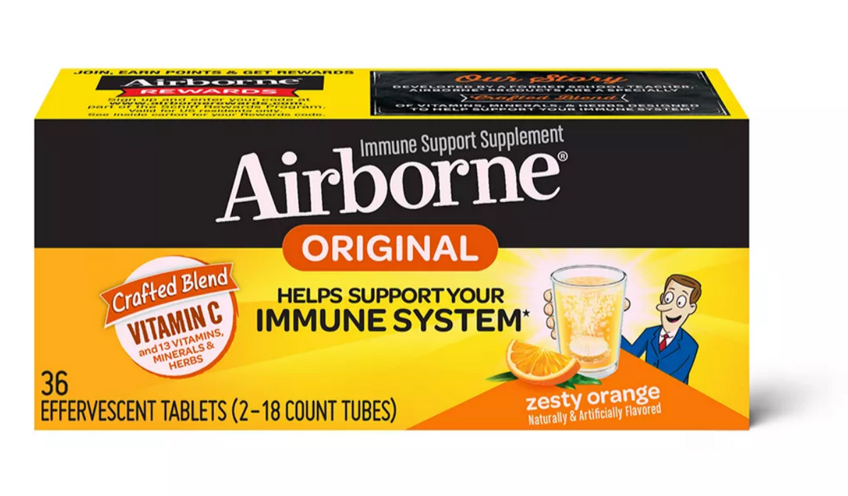 Airborne Immune Support Supplement Effervescent Tablets, Orange Flavor, 2-Pack , 2 x 18 ct