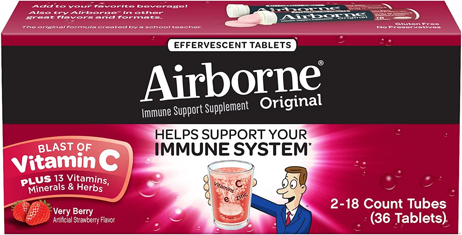 Airborne Immune Support Supplement Effervescent Tablets, Very Berry Flavor, 2-Pack , 2 x 18 ct