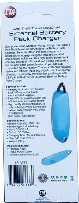 CTA Anti-Theft External Battery Pack Charger, 2600 mAh, 