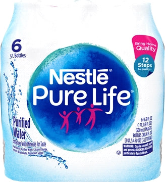 Nestle Pure Life Purified Water Bottles, 6 x 500 ml