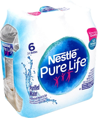 Nestle Pure Life Purified Water Bottles, 6 x 500 ml