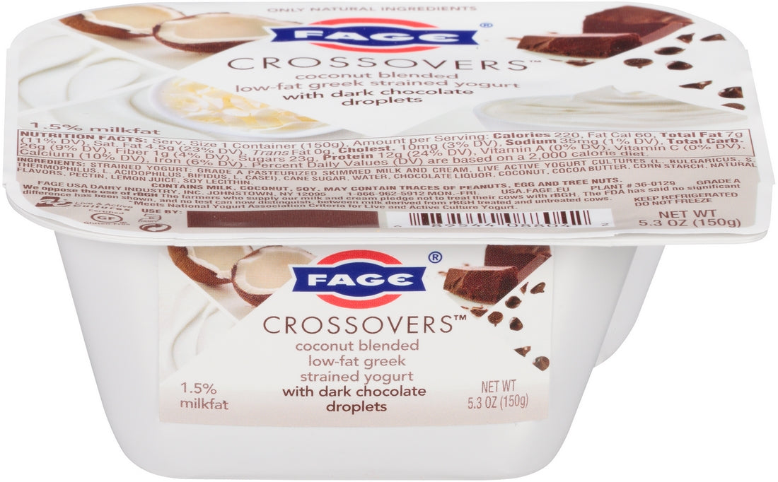 Fage Crossovers Coconut Blended Low-Fat Greek Strained Yogurt with Dark Chocolate Droplets, 5.3 oz