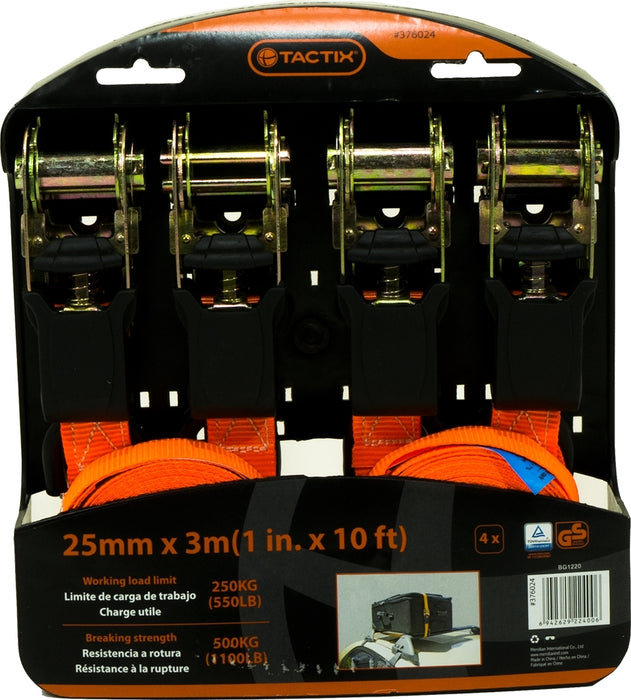 Tactix Ratchet Tie Down Set, 25 mm x 3 m, 4 pcs