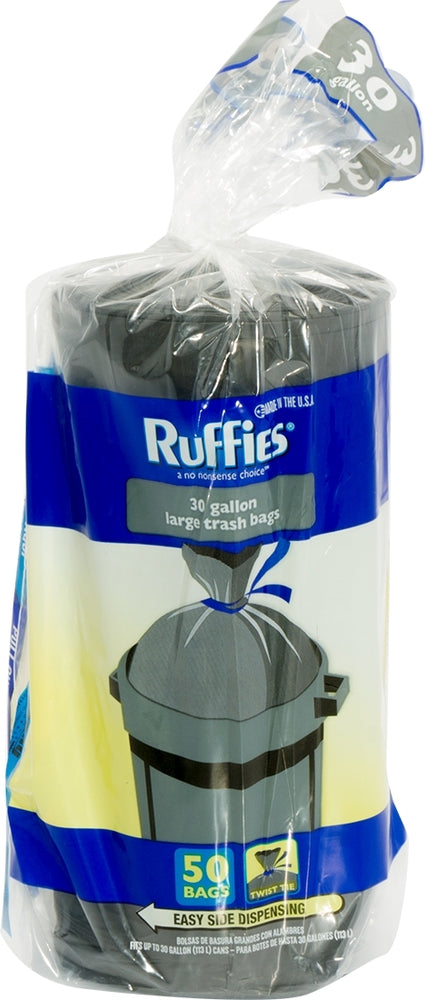 Ruffies Large Trash Bags 30 Gallons with Easy Side Dispensing, 50 ct