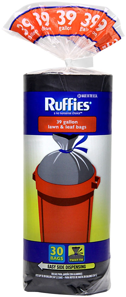Ruffies Drawstring Black Lawn and Leaf Bags, 39 Gallons, 30 ct