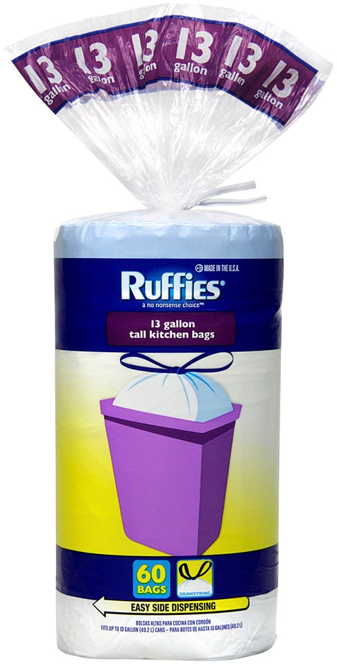 Ruffies Drawstring Kitchen Bags, 13 Gallons, 60 ct