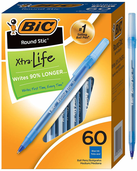 Bic Round Stic Blue Ink Pen, Medium, 60 ct