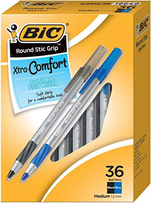 Bic Round Stic Grip Xtra Comfort Ball Pen, Black & Blue, 36 pcs